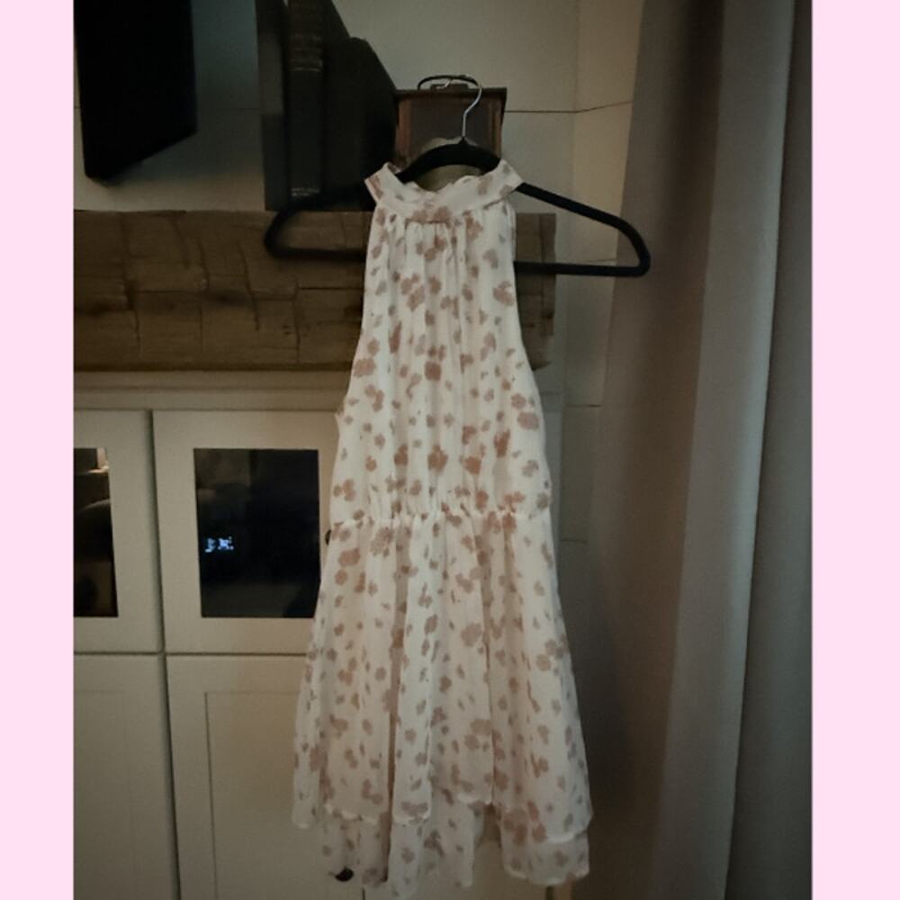 Sienna Sky White Pink Floral Halter Mini Dress Tiered Ruffle Size Small